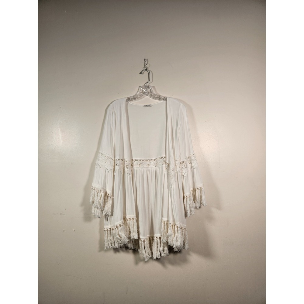 JODIFL Open Front Kimono Womens L White Lace Fringe Openwork Embroidered Boho